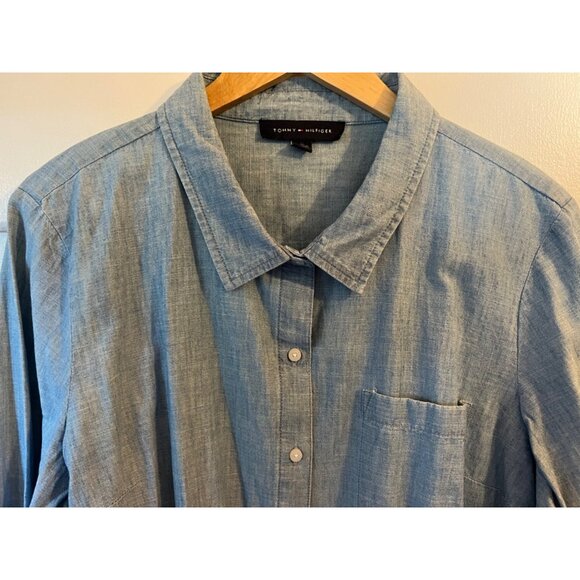 Tommy Hilfiger Button Down Blouse, Blue, Roll Sleeves, 100% Cotton, Size XL - Picture 3 of 12